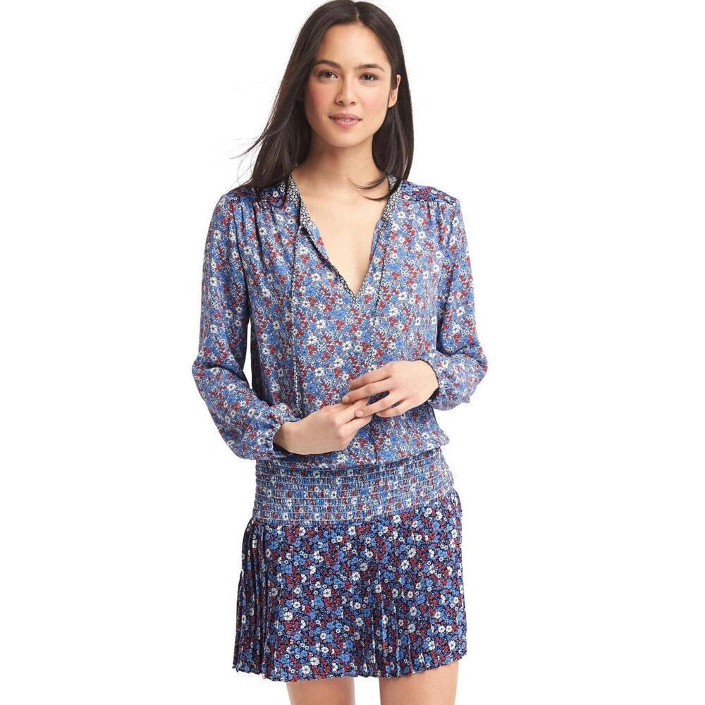 Gap Long Sleeve Pleated Dress Blue Floral Print Size XS